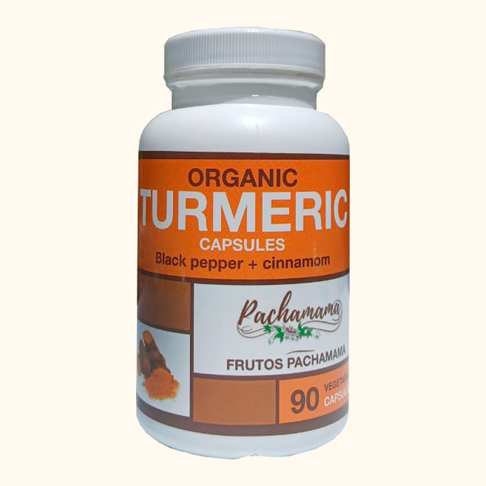 Frutos Pachamama Turmeric Capsules 90 ct bottle with black pepper and cinnamon
